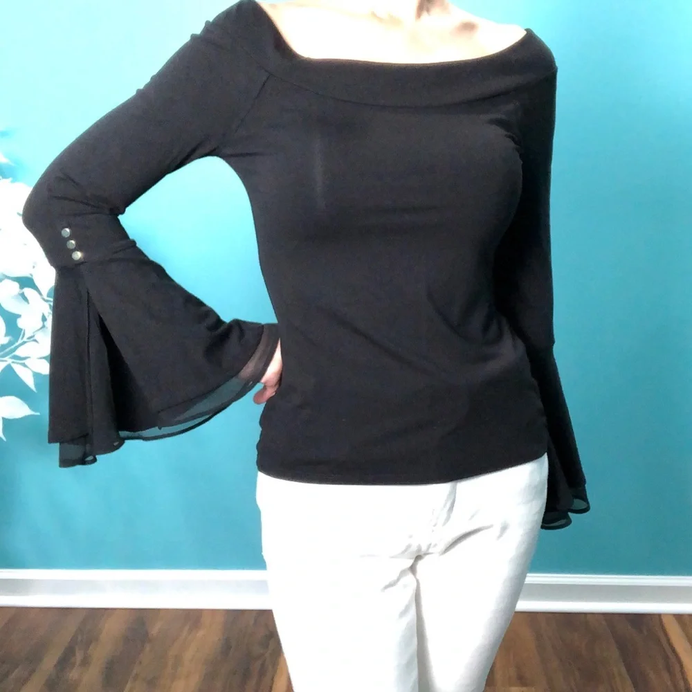 ⭐️NEW⭐️White House Black Market Black Boat Neck Bell Sleeves Top with buttons - Picture 1 of 9